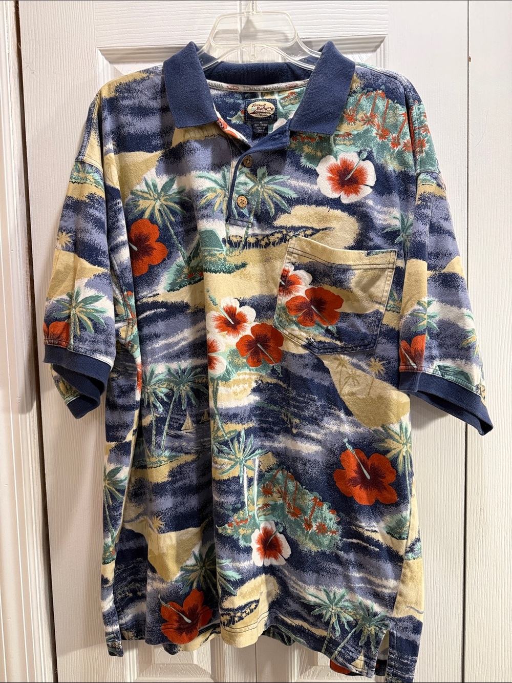 Tommy Bahama Navy, Cream & Red Hawaiian Polo with Palm Print